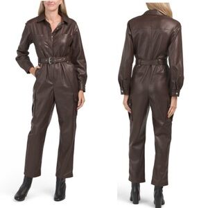 7 for all mankind dark chocolate brown faux leather long sleeve jumpsuit M NWT